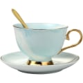 Miniatyrbilde 2 av 4: Marmor Keramisk Kopp og Skålsett Kamelia Mønstret Bone China Kaffe Krus Te Kopp Gullkant med Kaffe Kopp, Skål og Skje, 200ml (Blå)