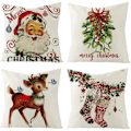 Miniatyrbild 1 av 4: Jul Kuddfodral Set om 4 18 x 18 Tum Linne Kuddfodral Julgran Tomte Snögubbe Tryck Vinter Jul Dekorativ Kudde