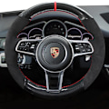 Miniatyrbild 2 av 6: Handsydd rattöverdrag i svart kolfibermocka med halkfritt grepp för Porsche Taycan Cayenne Macan Panamera 718 911 style 1