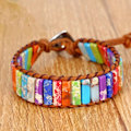 Miniatyrbillede 5 af 5: Chakra Armbånd Håndlavet Farverigt Armbånd Chakra Perler Sten Læder Omviklet Armbånd 32 farvede sten rund knap