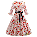 Pikkukuva 1 / 5: Naisten Vintage-mekko Pyöreä pääntie Pitkähihainen Rypytyshiha Joulupukki-painatus Vyöllinen Slim M
