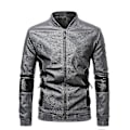 Miniatyrbild 1 av 4: Herr Patchwork Ståkrage Läder Bikerjacka Slim Fit Casual Dragkedja Kappa Ytterkläder Gray 3XL