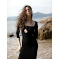 Miniatyrbillede 4 af 4: Kvinders firkantet hals langærmet maxikjole blød lounge ribstrikket bodycon kjole til kvinder sort XL black xl