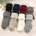 Miniatyrbillede 2 af 5: Dame Mode Strik Twist Blomster Votter Vinter Kvinde Uld Plus Cashmere Fløjl Fortykkelse Varme Fuld Finger Handsker N507-Khaki