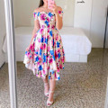 Miniatyrbillede 5 af 5: Dame Blomsterprint Off Shoulder Kjole Elegant Stropløs Maxikjole Til Strandbrug Violet M