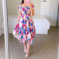 Miniatyrbillede 5 af 5: Dame Blomsterprint Off Shoulder Kjole Elegant Stropløs Maxikjole Til Strandbrug Violet XL