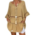 Miniatyrbilde 1 av 5: Dame Bomull Lin Hul Ut Ruffle Pullover Tunika Topper Bluse Skjorte Pluss Størrelse Khaki L