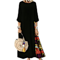 Miniatyrbillede 1 af 5: Dame Retro 3/4 Ærme Kjole Blomsterprint Plus Size Kjole Til Strandbrug Black M
