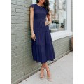 Miniatyrbilde 3 av 5: Sommerlig, ledig midikjole for kvinner med korte flaggermusermer, rund hals, smock og elastisk midje Navy Small