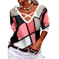 Miniatyrbilde 1 av 3: Dame Geometrisk Mønster Topper V-hals Langermet Skjorte Casual Løse Pullover Bluser Red M