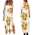 Pikkukuva 3 / 5: Naisten neulemekko, lyhythihainen, V-aukkoinen, rento, pitkä mekko, kesä, ranta, uusi White sunflower M