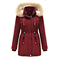 Miniatyrbilde 1 av 5: Tykk hetteparkas for kvinner, vindtette fleeceforede jakker med lommer Wine Red XL