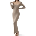 Miniatyrbillede 1 af 4: Kvinders firkantet hals langærmet maxikjole blød lounge ribstrikket bodycon kjole til kvinder khaki M khaki m