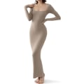 Pikkukuva 1 / 4: Naisten neliöpääntie pitkähihainen maksimekko pehmeä lounge ribbineulos bodycon mekko naisille khaki M khaki m