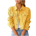 Miniatyrbillede 2 af 4: Dame Solid Denim Jakke Langærmet Ming Cardigan Suit Lomme Frakke Top Yellow XXL