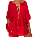 Miniatyrbilde 1 av 5: Dame Bomull Lin Hul Ut Ruffle Pullover Tunika Topper Bluse Skjorte Pluss Størrelse Red S