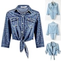 Miniatyrbilde 1 av 5: Mote dame fritid 3/4 erme knapp ned crop jean topp knute knyte denim skjorte jakke Blue M