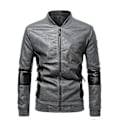 Miniatyrbillede 1 af 4: Herre Patchwork Stand Krave Læder Biker Jakke Slim Fit Casual Lynlås Frakke Overtøj Gray 1XL