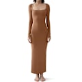 Miniatyrbillede 1 af 5: Kvinders firkantet hals langærmet maxikjole blød lounge ribstrikket bodycon kjole til kvinder karamel M Caramel m