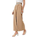 Miniatyrbillede 2 af 5: Dame Ensfarvede Elastiske Højtaljede Løse Cropped Bukser Bred Ben Casual Lange Bukser Khaki M