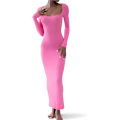 Miniatyrbillede 1 af 4: Kvinders firkantet hals langærmet maxikjole blød lounge ribstrikket bodycon kjole til kvinder rose M rose m