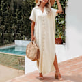 Miniatyrbillede 3 af 3: Casual dame kortærmet side slids knap lang cardigan badedragt cover-up Beige M