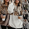 Miniatyrbillede 3 af 5: Hættetrøje til kvinder Leopard Print Plys Sweatshirt med lommer Snørehætte Red Khaki XL