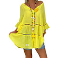 Miniatyrbild 1 av 5: Dam bomull linne ihålig spets volang pullover tunika toppar blus storlek Yellow XXL