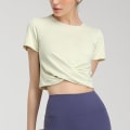 Miniatyrbilde 2 av 5: Sommer Crop Sports Topp for Kvinner, Ensfarget Kort Erme Twist Front T-skjorte For Casual Stil, Sport og Hjemmebruk Essence Green XL