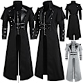 Pikkukuva 1 / 5: Vintage Halloween keskiaikainen steampunk-tyylinen salamurhaaja haltia merirosvo asu aikuisille miehille musta pitkä halkio takki goottilainen panssari nahkatakit Black XXXXXL