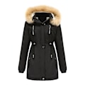 Miniatyrbilde 1 av 5: Tykk hetteparkas for kvinner, vindtette fleeceforede jakker med lommer Black 2XL