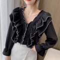 Miniatyrbilde 3 av 5: Dame Skjorte Bluse Topp Lang Utsvingt Erme Rynke Volang V-hals Casual Prinsesse-3 White M(UK 8)