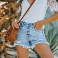 Miniatyrbillede 5 af 5: Dame Knap Høj Talje Kvaster Denim Shorts Flået Flosset Sommer Kort Hot Pants M
