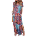 Pikkukuva 1 / 4: Naisten neulemekko, lyhythihainen, V-aukkoinen, rento, pitkä mekko, kesä, ranta, uusi Peacock color XL