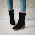 Miniatyrbillede 5 af 5: Dame Vinterstøvler Korte Sne Flock Varme Støvletter Sko Slip On Korte Ankel Chunky Hæl Støvler Black 41