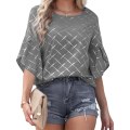 Miniatyrbild 1 av 5: Kvinnors volangärm T-shirt mångsidig rund hals kortärmad topp för stranden Grey L