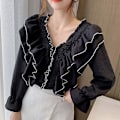 Miniatyrbilde 1 av 5: Dame Skjorte Bluse Topp Lang Utsvingt Erme Rynke Volang V-hals Casual Prinsesse-3 Black M(UK 8)