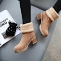 Miniatyrbillede 4 af 5: Dame Vinterstøvler Korte Sne Flock Varme Støvletter Sko Slip On Korte Ankel Chunky Hæl Støvler Khaki 41