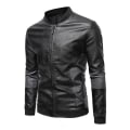 Miniatyrbilde 2 av 4: Herre Patchwork Ståkrage Skinjakke MC-jakke Slim Fit Casual Glidelåsjakke Yttertøy Black 4XL