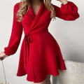 Miniatyrbilde 1 av 3: Dame Langermet Kort Kjole Casual Ferie Mini Krage Red L