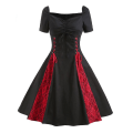 Miniatyrbillede 1 af 2: Dame Retro Hepburn Kortærmet Kjole Blonde Patchwork Snørekjole Swing A-linje Kjoler Black 4XL