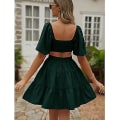 Miniatyrbilde 3 av 4: Dame Sommer Kjole Mini med Utskjæringer Korte Ermer Firkantet Hals Kryssende Midje Dark green S