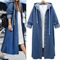 Miniatyrbilde 1 av 5: Dame Baggy Denimjakker Langermet Snøring Trenchcoat Høst Hettegensere Overfrakker Deep Blue S