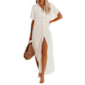 Miniatyrbillede 1 af 3: Casual dame kortærmet side slids knap lang cardigan badedragt cover-up Beige M