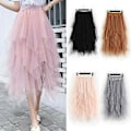 Miniatyrbilde 1 av 5: Dame Tulle Mesh Skjørt Høy Midje Lagdelt Plissert Maxi Lang Kjole One Size Grey