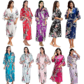 Miniatyrbilde 1 av 3: Floralmønstret myk sateng kimono morgenkåpe bryllup badekåpe nattøy dame Navy Blue L