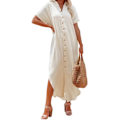 Miniatyrbillede 2 af 3: Casual dame kortærmet side slids knap lang cardigan badedragt cover-up Beige M