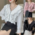 Miniatyrbilde 2 av 5: Dame Skjorte Bluse Topp Lang Utsvingt Erme Rynke Volang V-hals Casual Prinsesse-3 White S(UK 6)