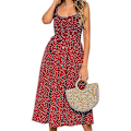 Miniatyrbillede 1 af 4: Dame Sommer Prikket Midi Kjole Ferie Bælte Strand Swing Løs Sommerkjole Red XL