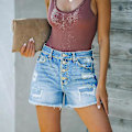 Miniatyrbild 4 av 5: Kvinnor Hög Midja Denim Shorts Multi Button Destroyed Hot Pants Sommar Semester Short Pants XL